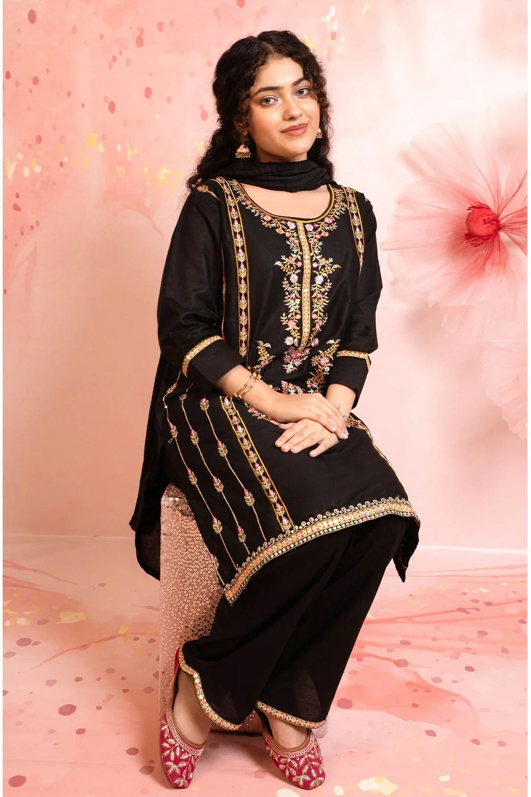 Ochre Girls RTW Cotton 3 Piece Suit Black Cotton Kurta With Embroidery - Festive Collection