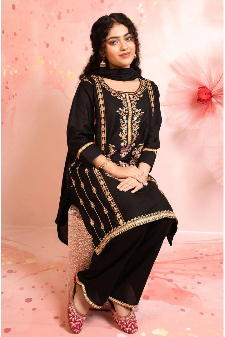 Ochre Girls RTW Cotton 3 Piece Suit Black Cotton Kurta With Embroidery - Festive Collection