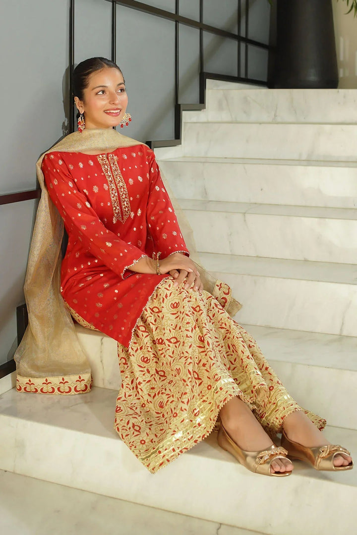 Ochre RTW Embroidered Girls 3 Piece Jacquard Hand Adda Work SHD-08 - Winter Collection