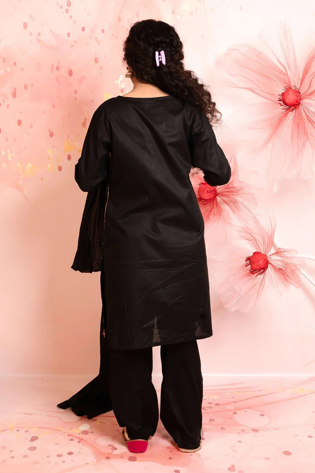 Ochre Girls RTW Cotton 3 Piece Suit Black Cotton Kurta With Embroidery - Festive Collection