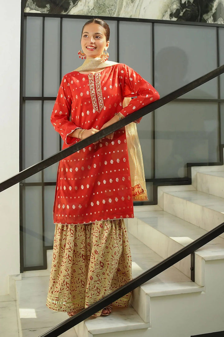 Ochre RTW Embroidered Girls 3 Piece Jacquard Hand Adda Work SHD-08 - Winter Collection