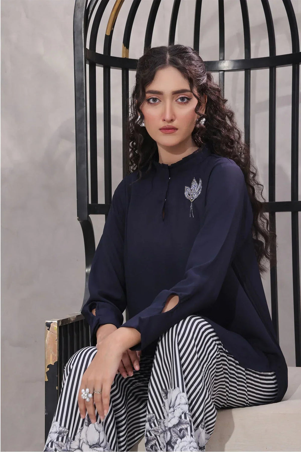 Ochre Women RTW Georgette 2 Piece Suit Navy Blue Georgette Hand Adda Work - Festive Collection