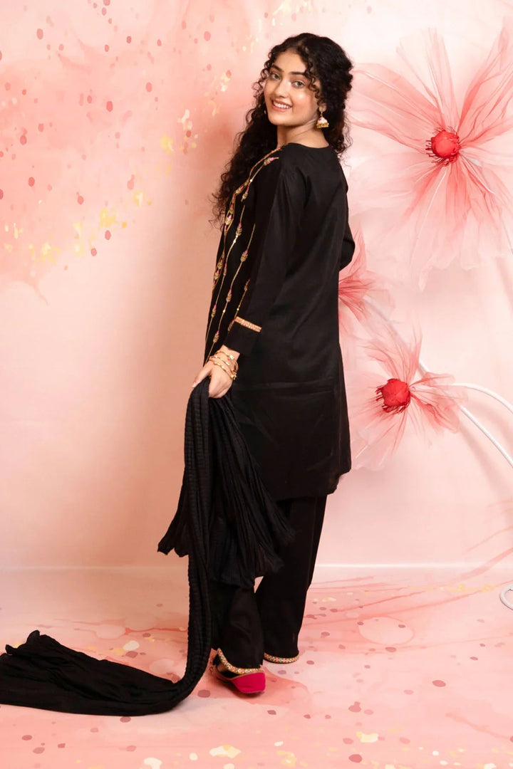 Ochre Girls RTW Cotton 3 Piece Suit Black Cotton Kurta With Embroidery - Festive Collection