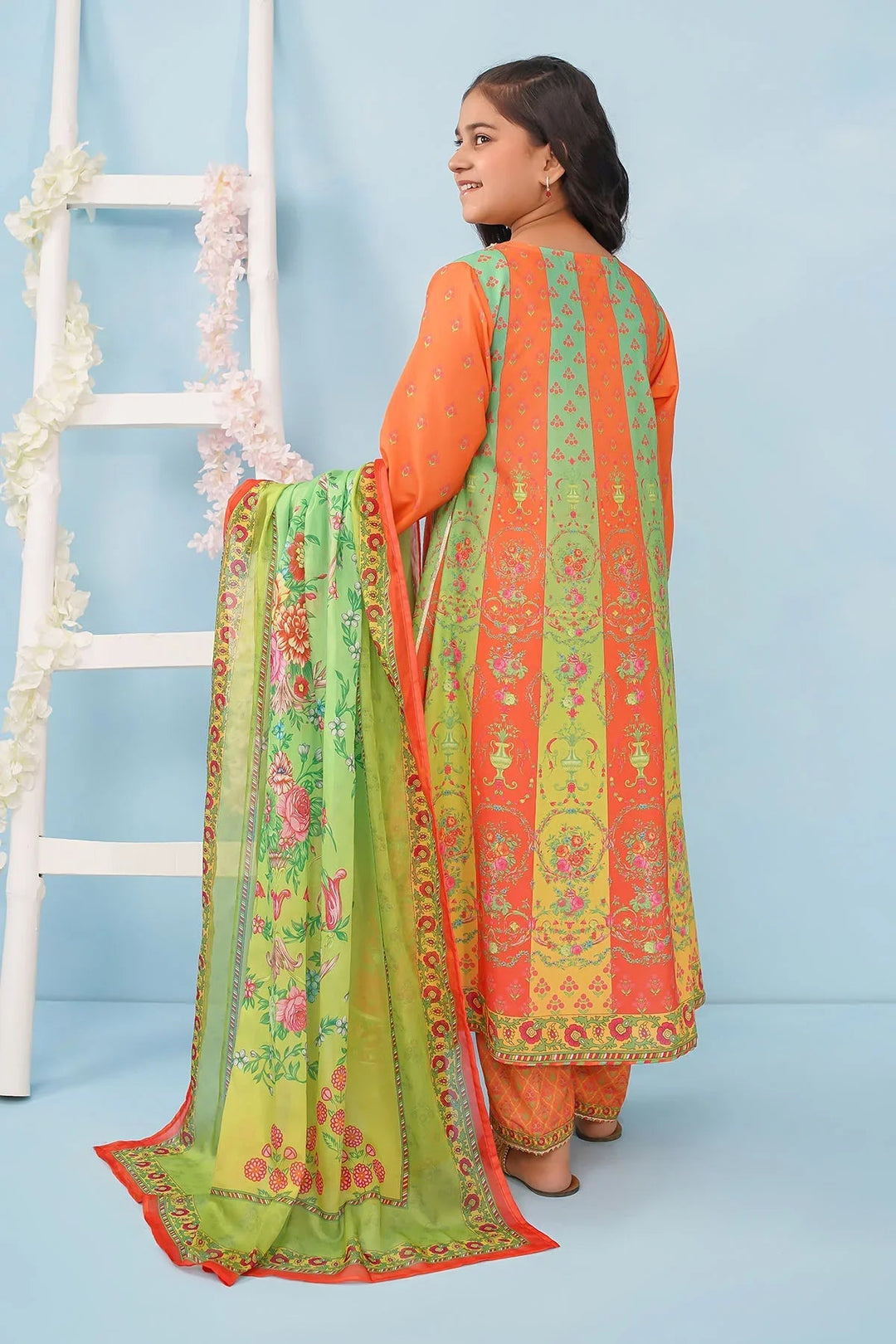Ochre Girls RTW Poly 3 Piece Suit Orange Poly Lawn Digital Printed Maxi with Gota Laces - Festive Collection