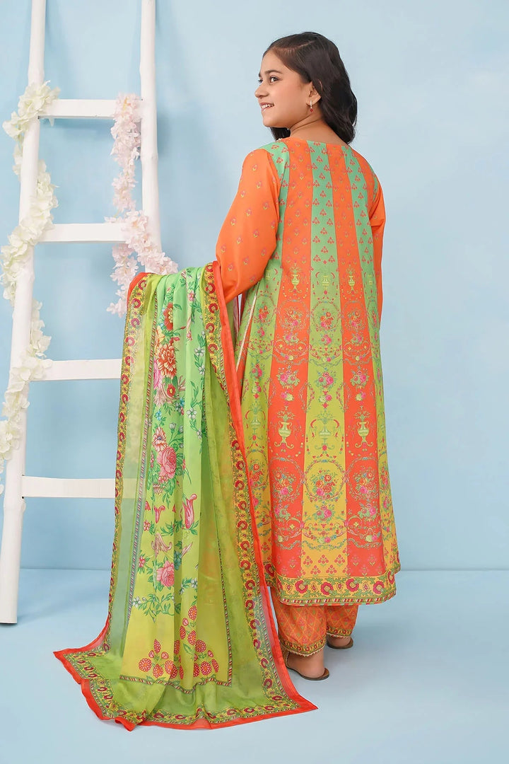 Ochre Girls RTW Poly 3 Piece Suit Orange Poly Lawn Digital Printed Maxi with Gota Laces - Festive Collection