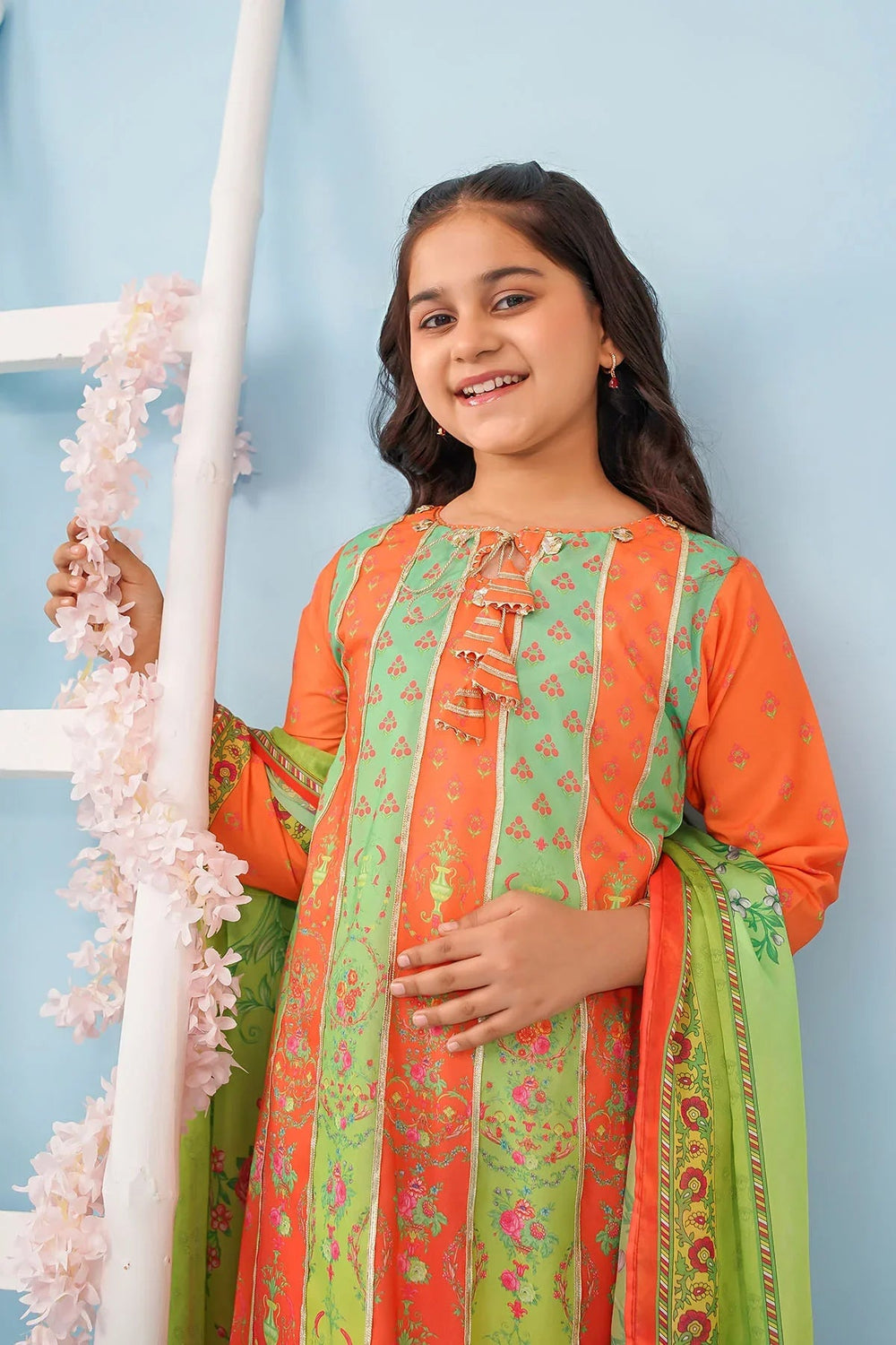 Ochre Girls RTW Poly 3 Piece Suit Orange Poly Lawn Digital Printed Maxi with Gota Laces - Festive Collection
