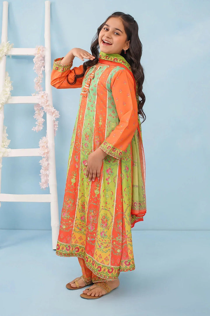 Ochre Girls RTW Poly 3 Piece Suit Orange Poly Lawn Digital Printed Maxi with Gota Laces - Festive Collection