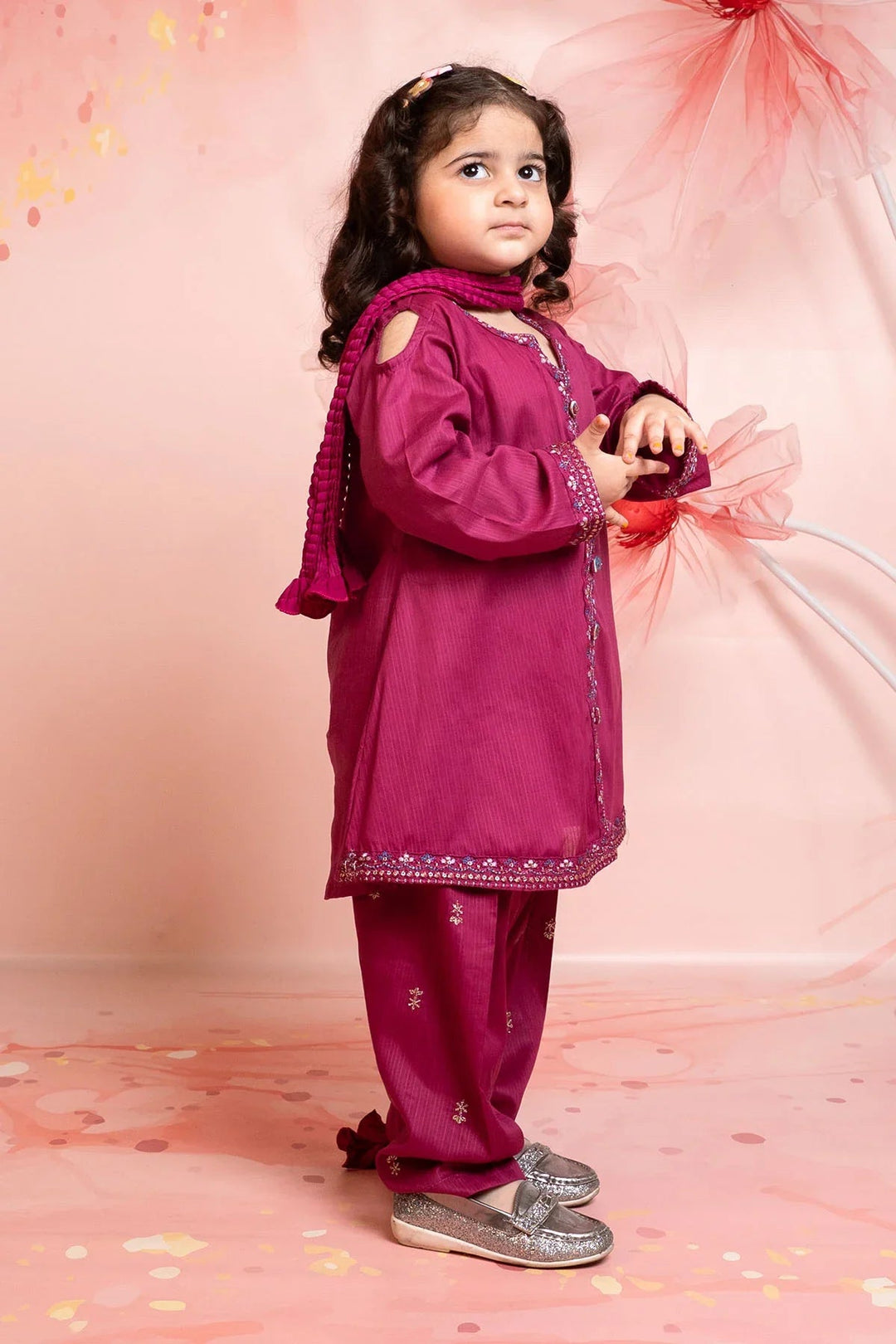 Ochre Girls RTW Cotton 3 Piece Suit Magenta Cotton Kurta With Embroidery - Festive Collection