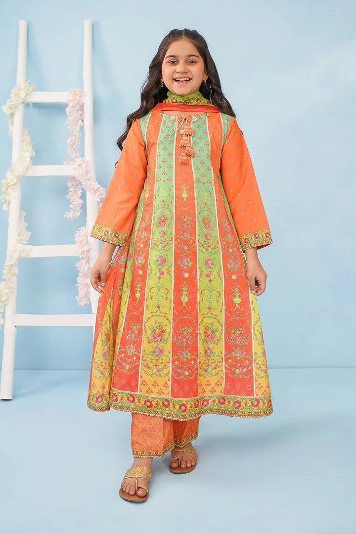 Ochre Girls RTW Poly 3 Piece Suit Orange Poly Lawn Digital Printed Maxi with Gota Laces - Festive Collection
