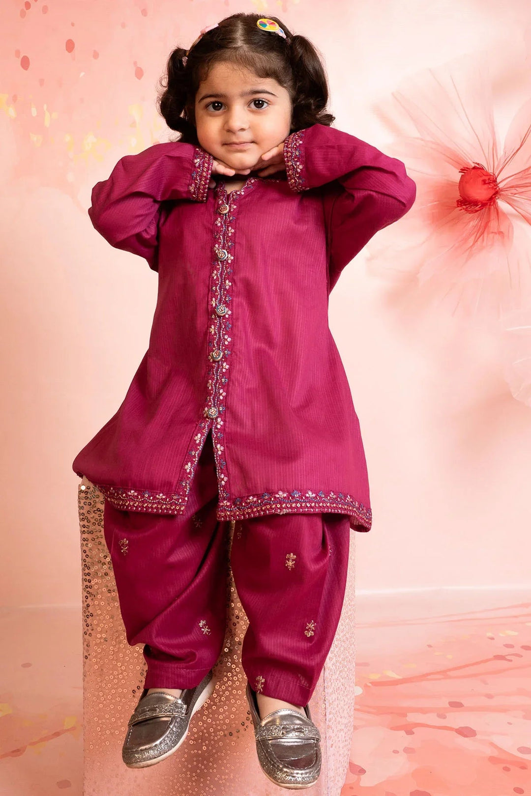Ochre Girls RTW Cotton 3 Piece Suit Magenta Cotton Kurta With Embroidery - Festive Collection