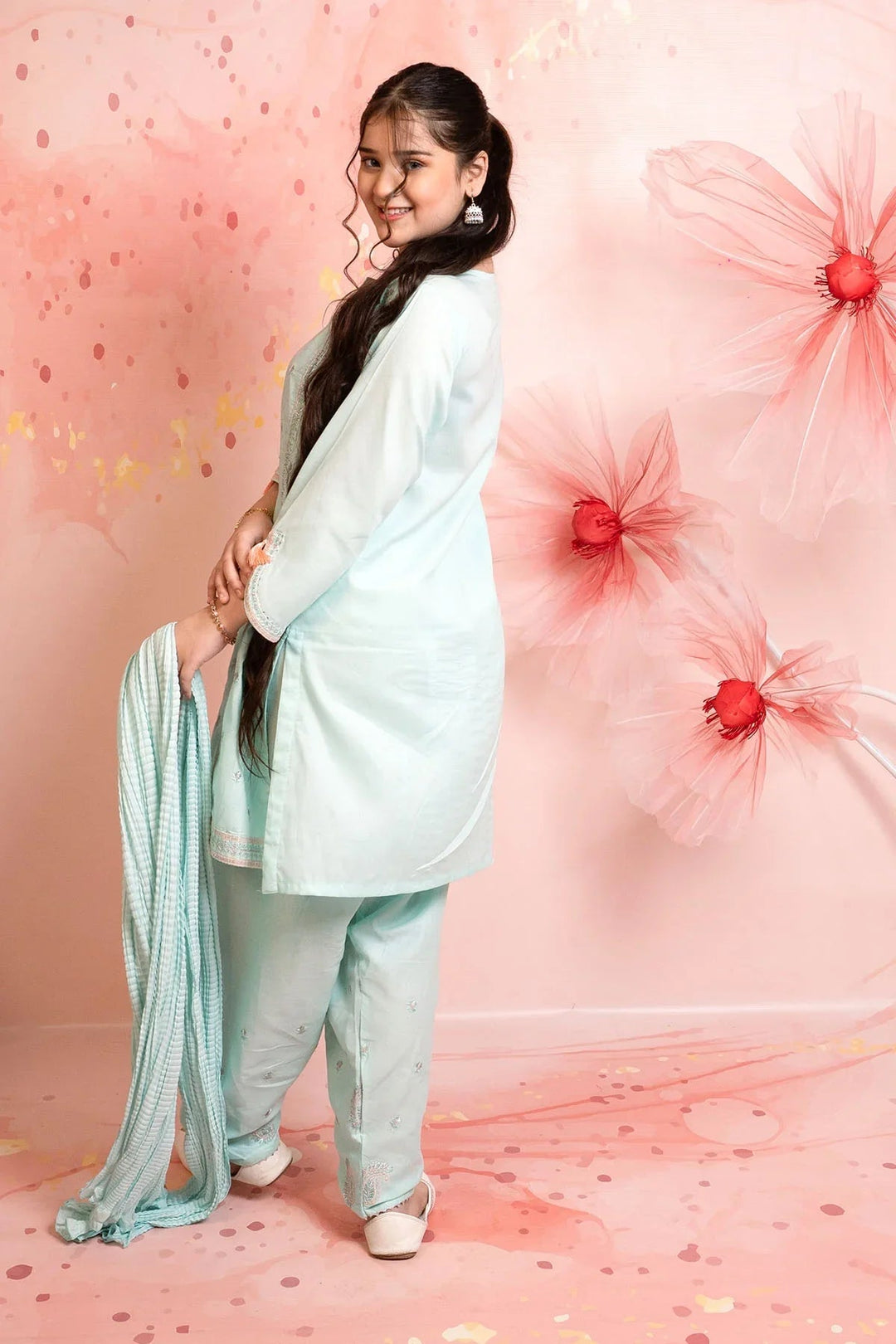 Ochre Girls RTW Cotton 3 Piece Suit Mint Cotton Kurta With Embroidery - Festive Collection