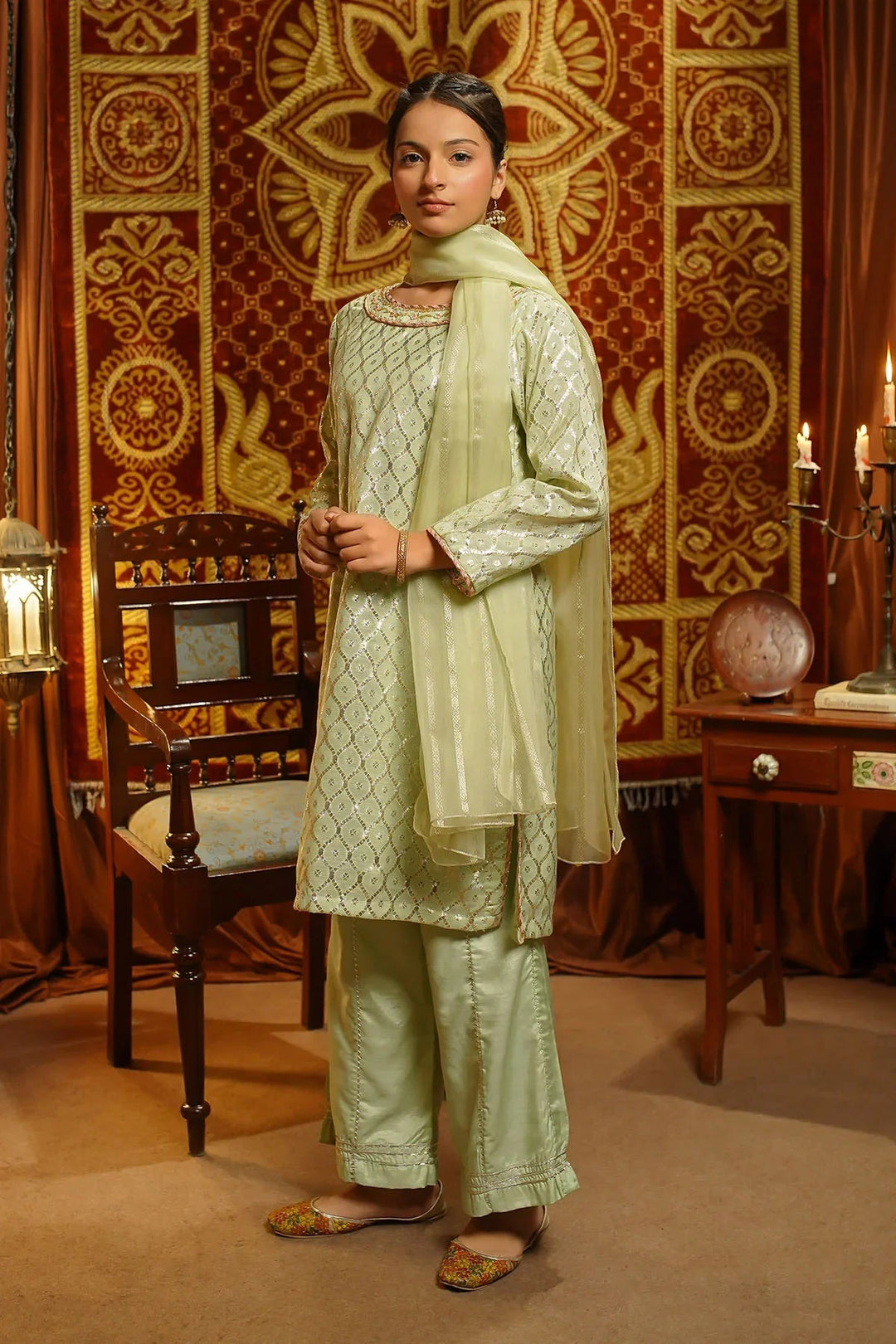 Ochre Girls Pret Embroidered Viscose Jacquard Hand Adda Work 3 Piece Suit EX-17 - Winter Collection