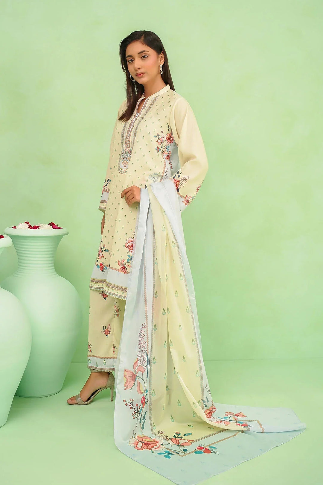 Ochre Women RTW Georgette 3 Piece Suit Lime Yellow Georgette Digital Printed 3 Pc Suit - Festive Collection