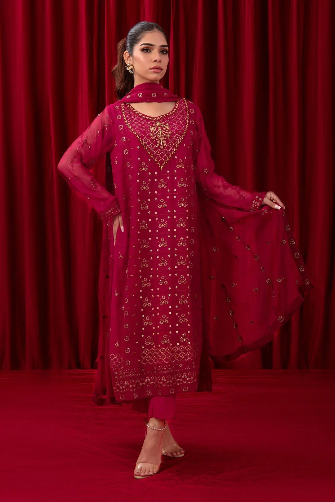 Ochre RTW Embroidered Girls 3 Piece Chiffon Adda Work SOF-01 - Summer Collection