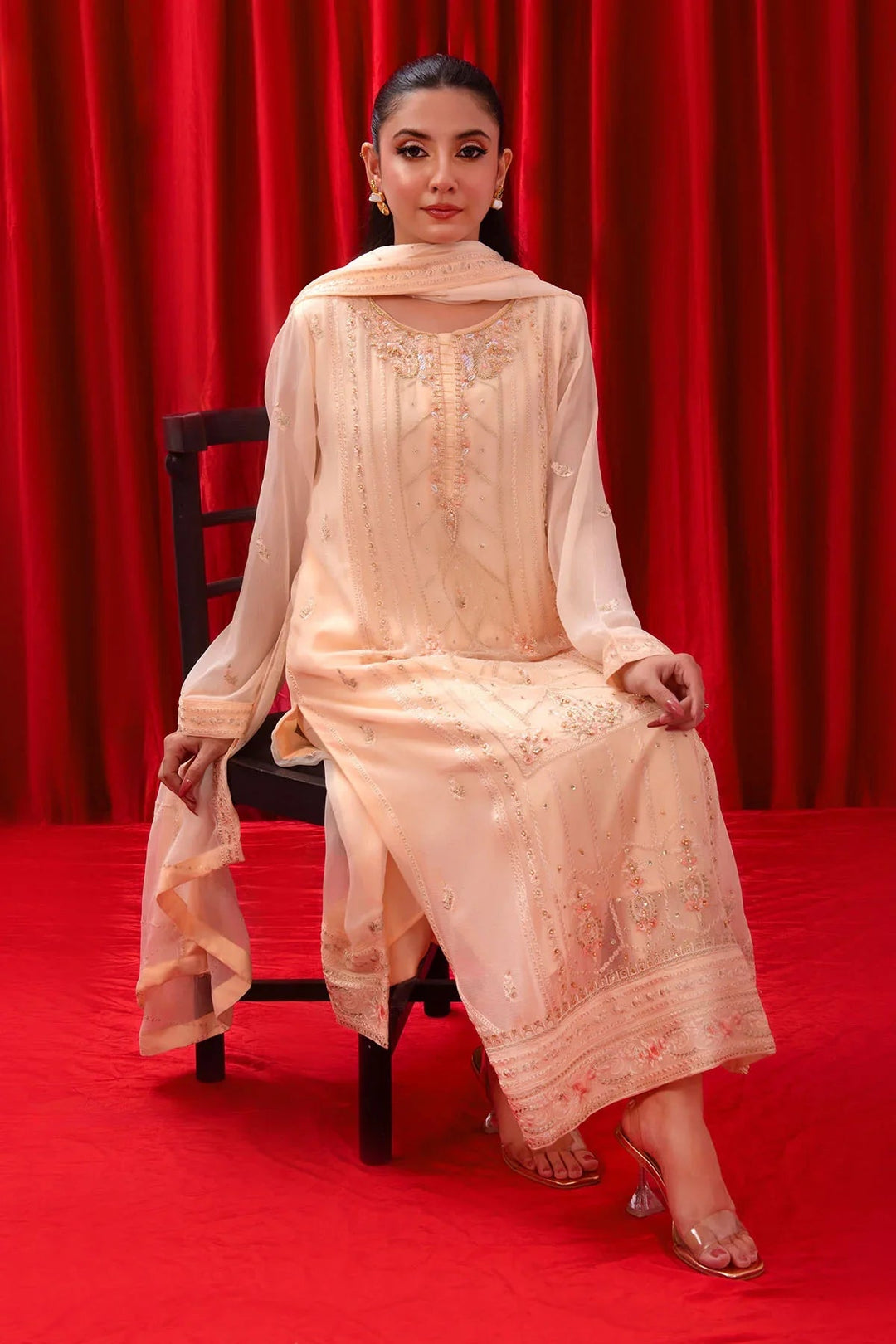 Ochre RTW Embroidered Girls 3 Piece Chiffon Adda Work SOF-07 - Summer Collection