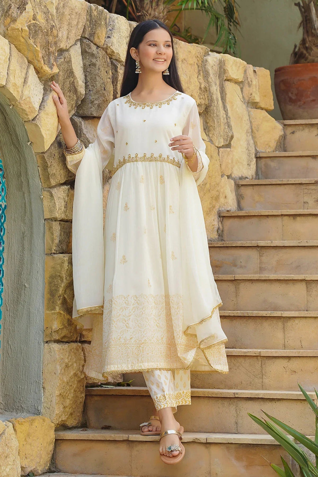 Ochre RTW Embroidered Girls 3 Piece Chiffon Hand Adda Work OFW-MAX-15 - Summer Collection