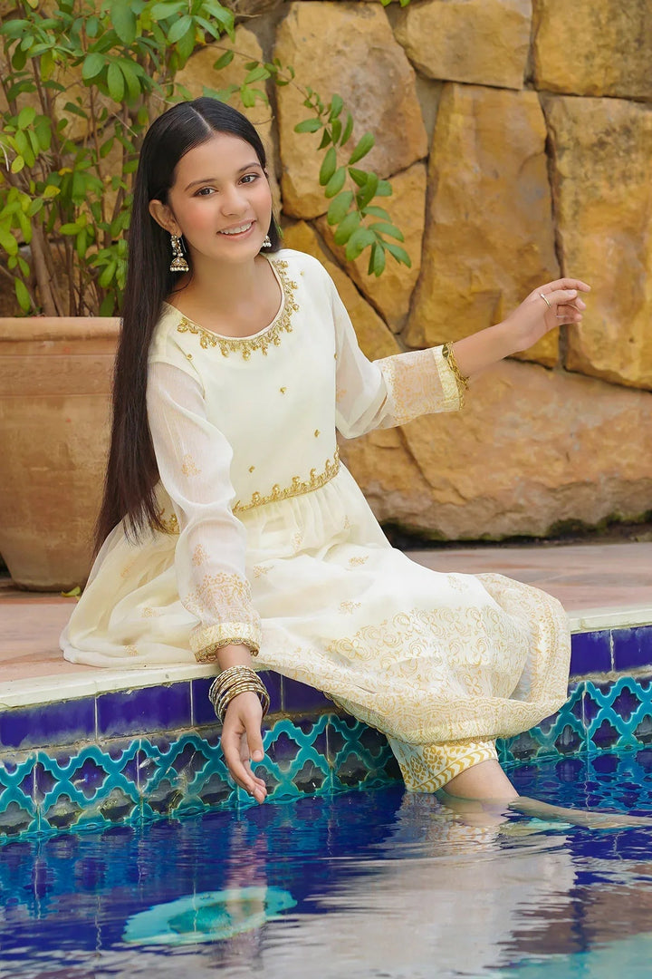 Ochre RTW Embroidered Girls 3 Piece Chiffon Hand Adda Work OFW-MAX-15 - Summer Collection