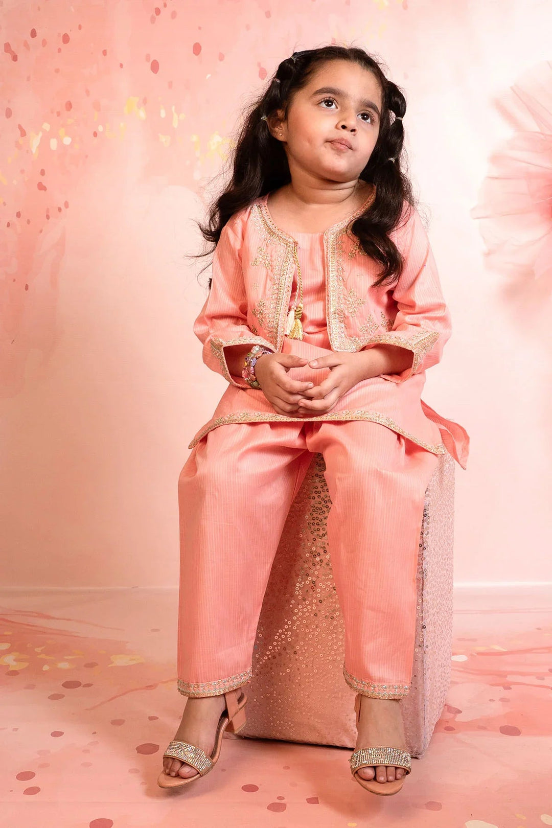 Ochre Girls RTW Cotton 3 Piece Suit Peach Cotton Kurta With Embroidered Koti - Festive Collection