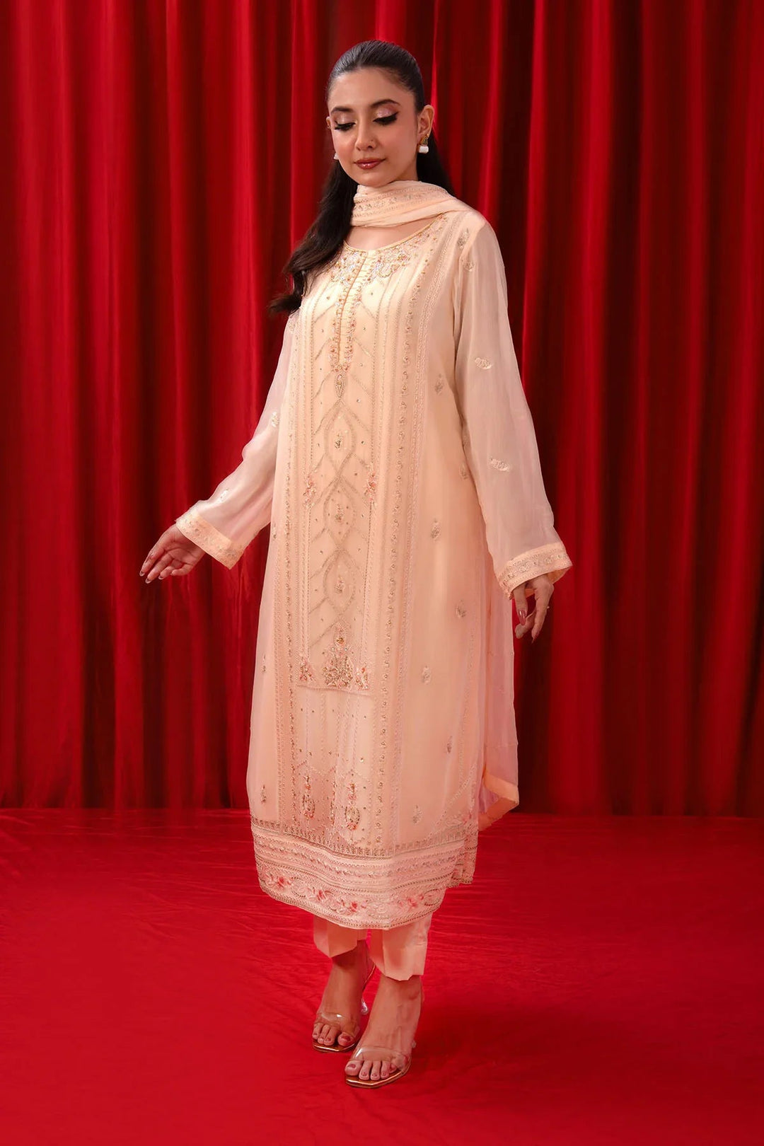 Ochre RTW Embroidered Girls 3 Piece Chiffon Adda Work SOF-07 - Summer Collection