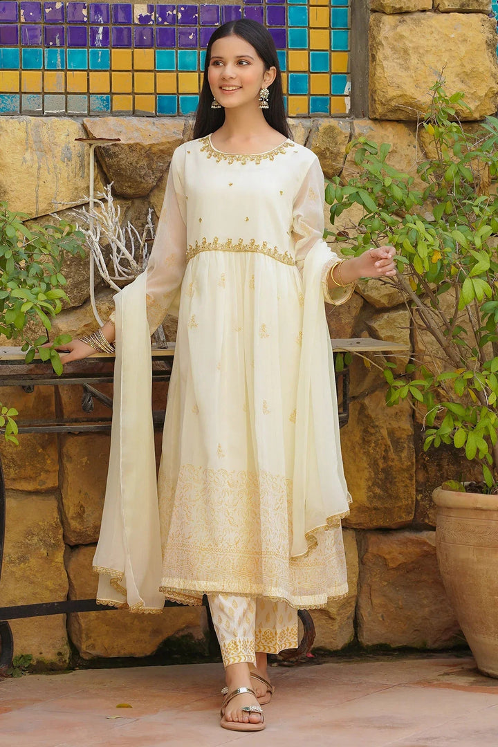 Ochre RTW Embroidered Girls 3 Piece Chiffon Hand Adda Work OFW-MAX-15 - Summer Collection
