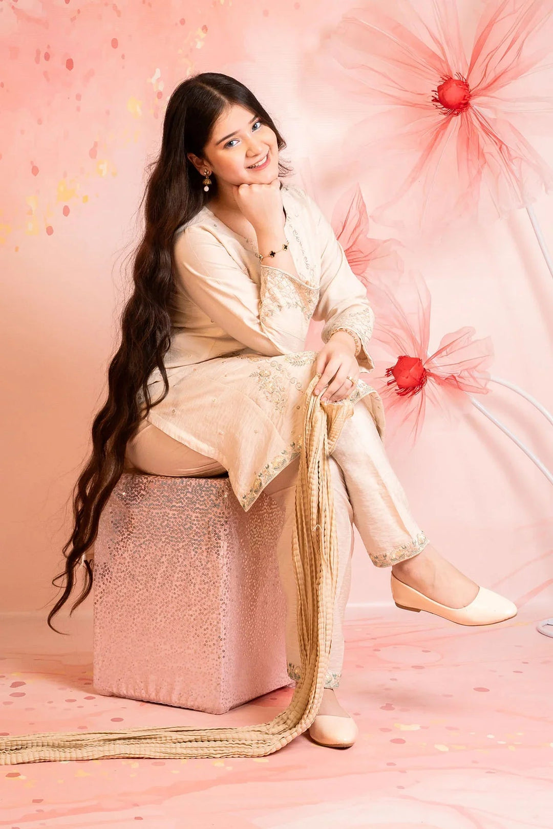 Ochre Girls RTW Cotton 3 Piece Suit Beige Cey Cotton Kurta With Embroidery - Festive Collection