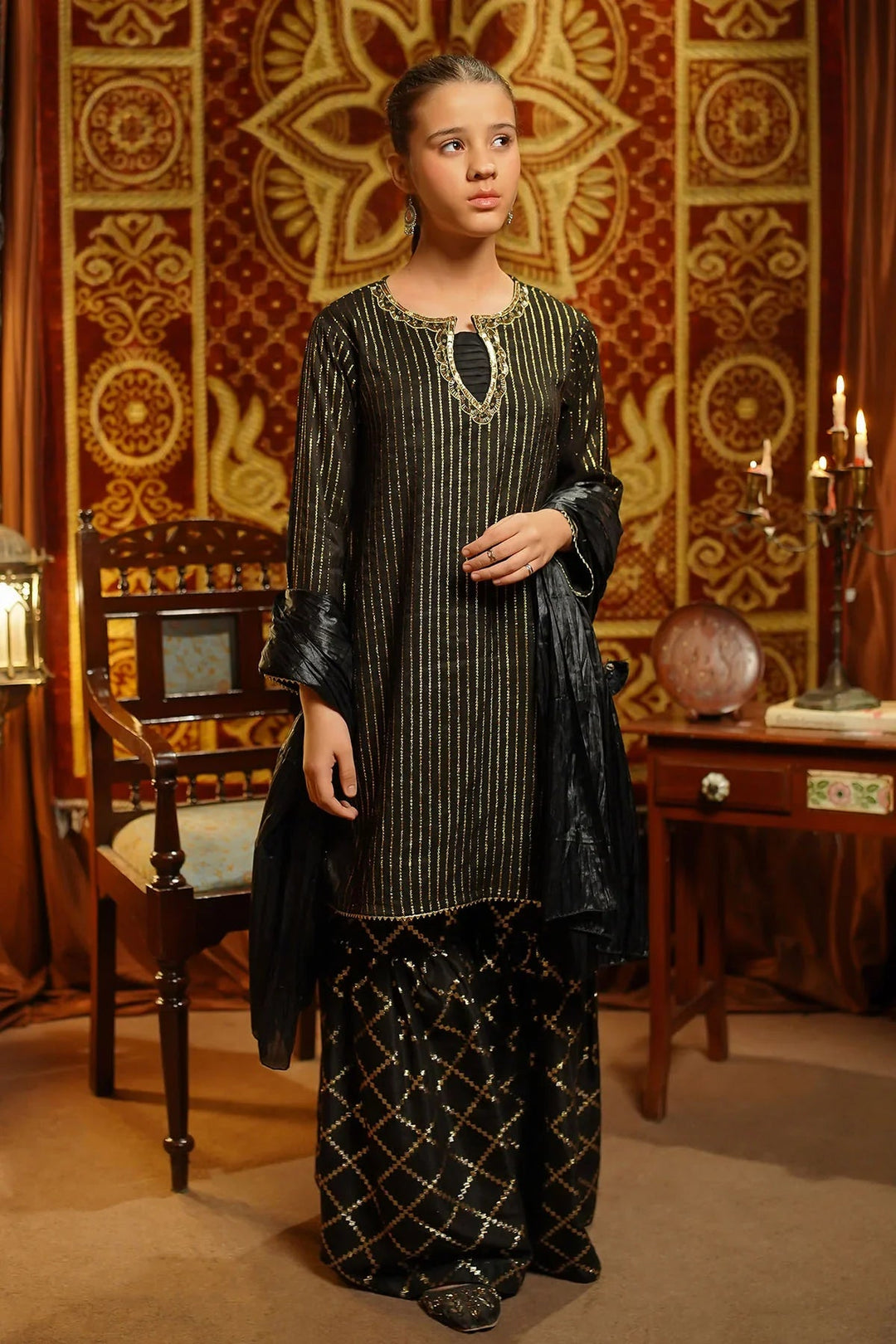 Ochre Girls Pret  Viscose Jacquard Hand Adda Work 3 Piece Suit EX-14 - Winter Collection