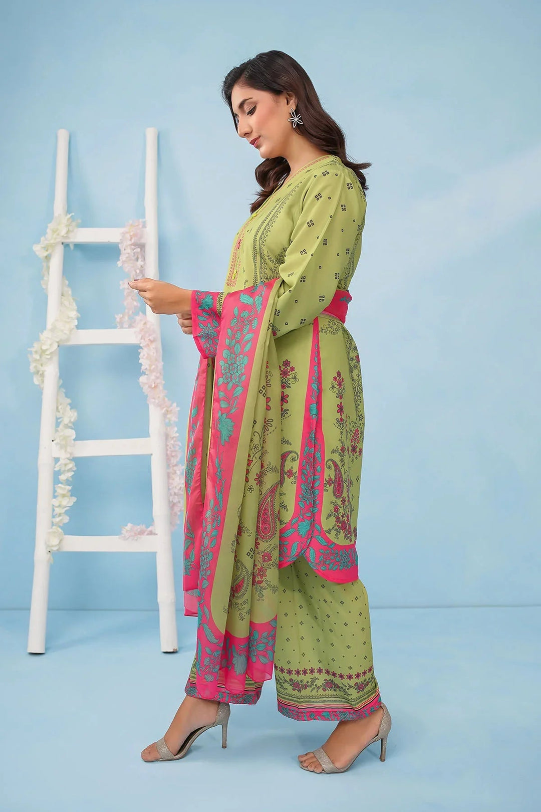 Ochre Women RTW Poly 3 Piece Suit Lime Green Poly Lawn Digital Printed Kurtaa - Festive Collection