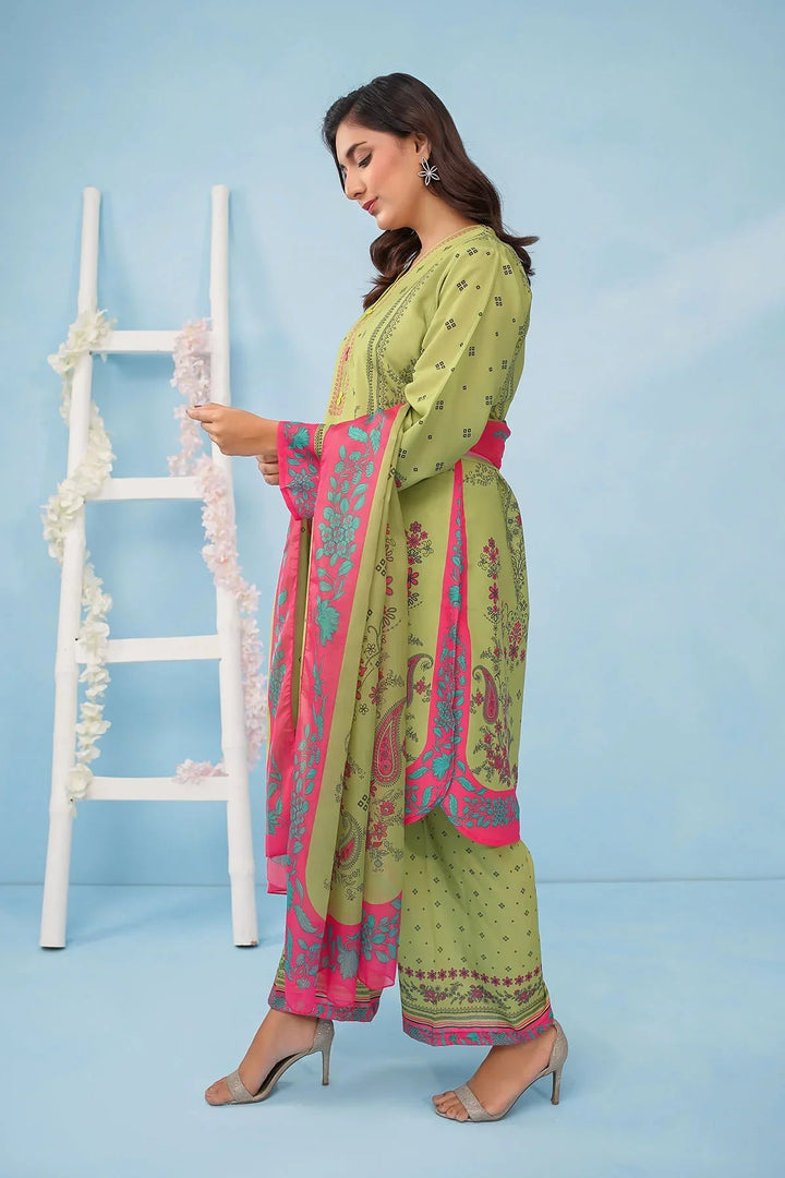 Ochre Women RTW Poly 3 Piece Suit Lime Green Poly Lawn Digital Printed Kurtaa - Festive Collection