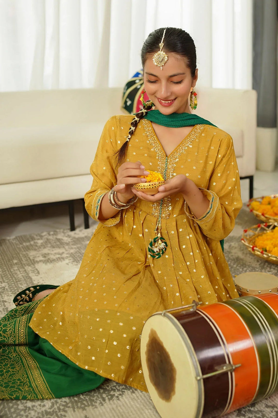 Ochre RTW Embroidered Girls 3 Piece Slub Manar Hand Adda Work MHD-08 - Summer Collection