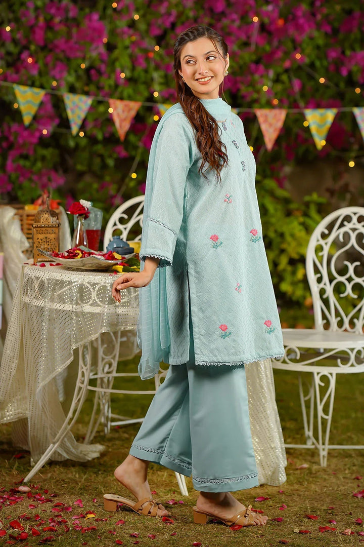 Ochre Women RTW Chikankari 3 Piece Suit Blue Chikankari Embroidered 3 Pc Suit - Festive Collection