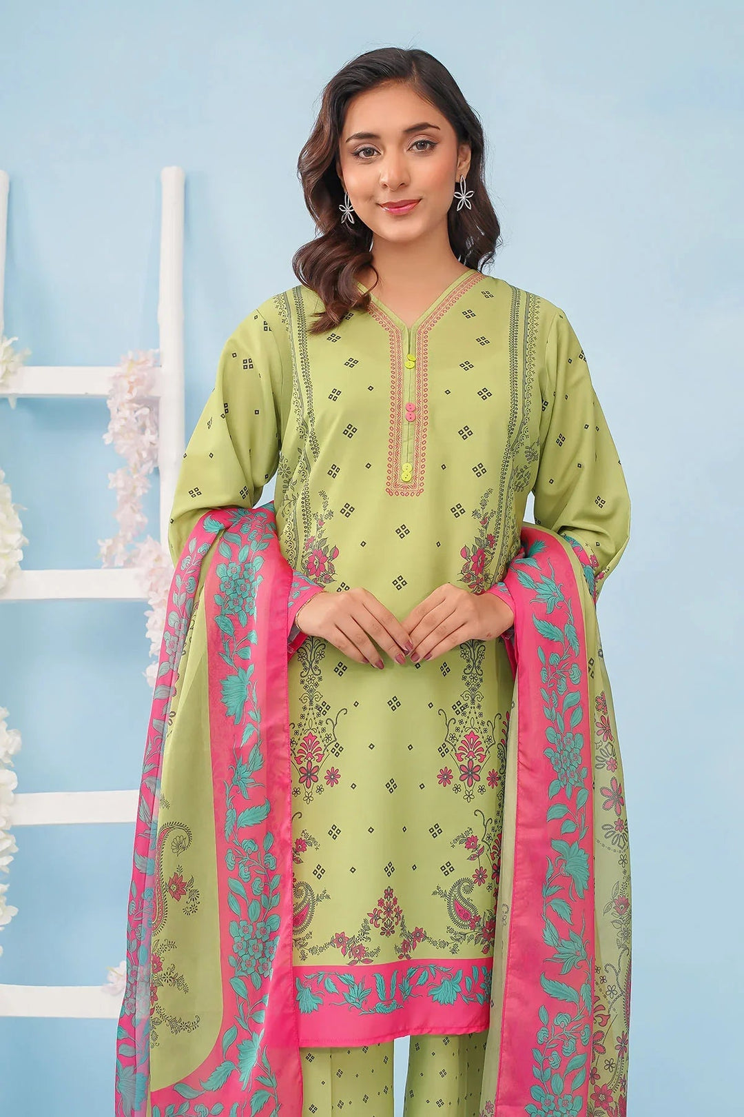Ochre Women RTW Poly 3 Piece Suit Lime Green Poly Lawn Digital Printed Kurtaa - Festive Collection