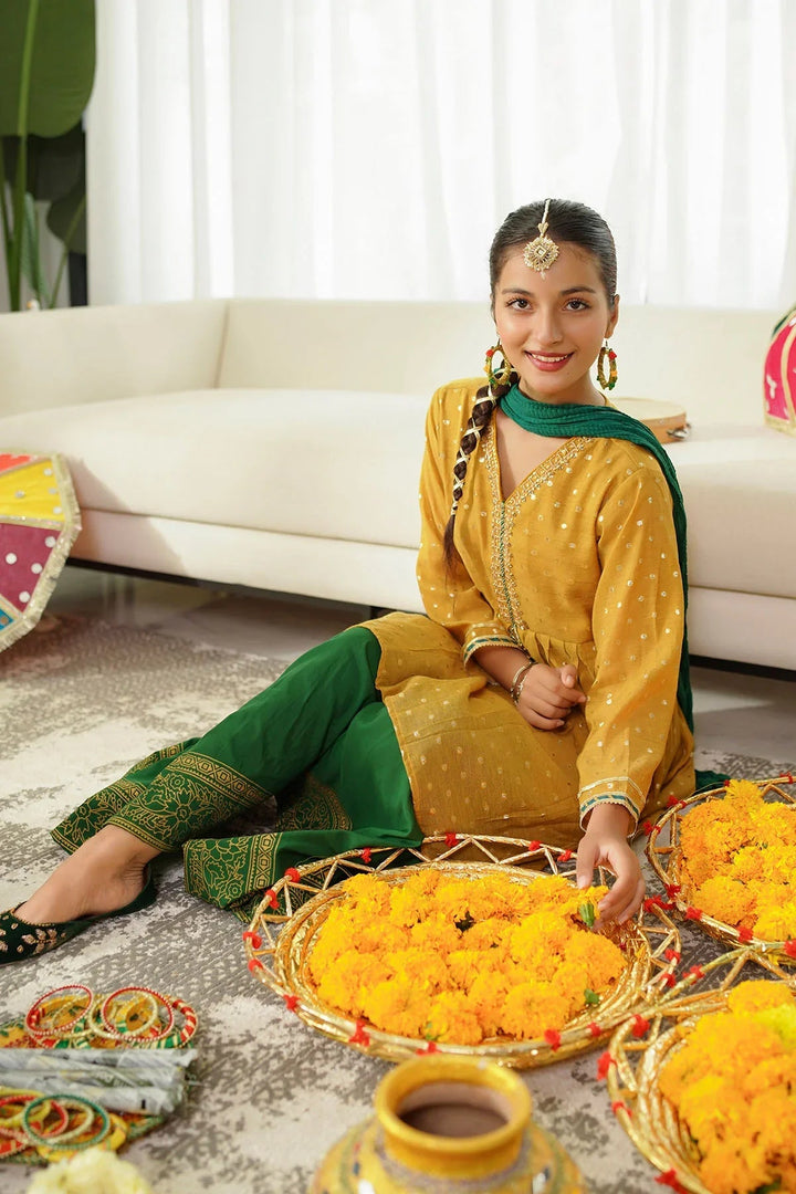 Ochre RTW Embroidered Girls 3 Piece Slub Manar Hand Adda Work MHD-08 - Summer Collection