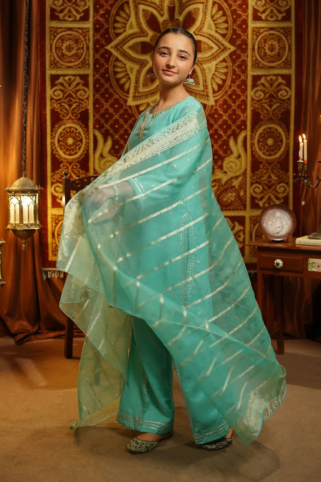 Ochre Girls Pret  Viscose Jacquard Hand Adda Work 3 Piece Suit EX-13 - Winter Collection