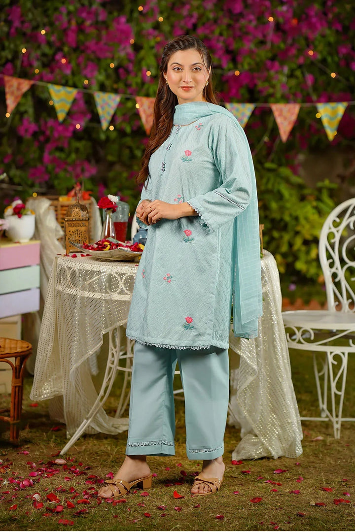 Ochre Women RTW Chikankari 3 Piece Suit Blue Chikankari Embroidered 3 Pc Suit - Festive Collection