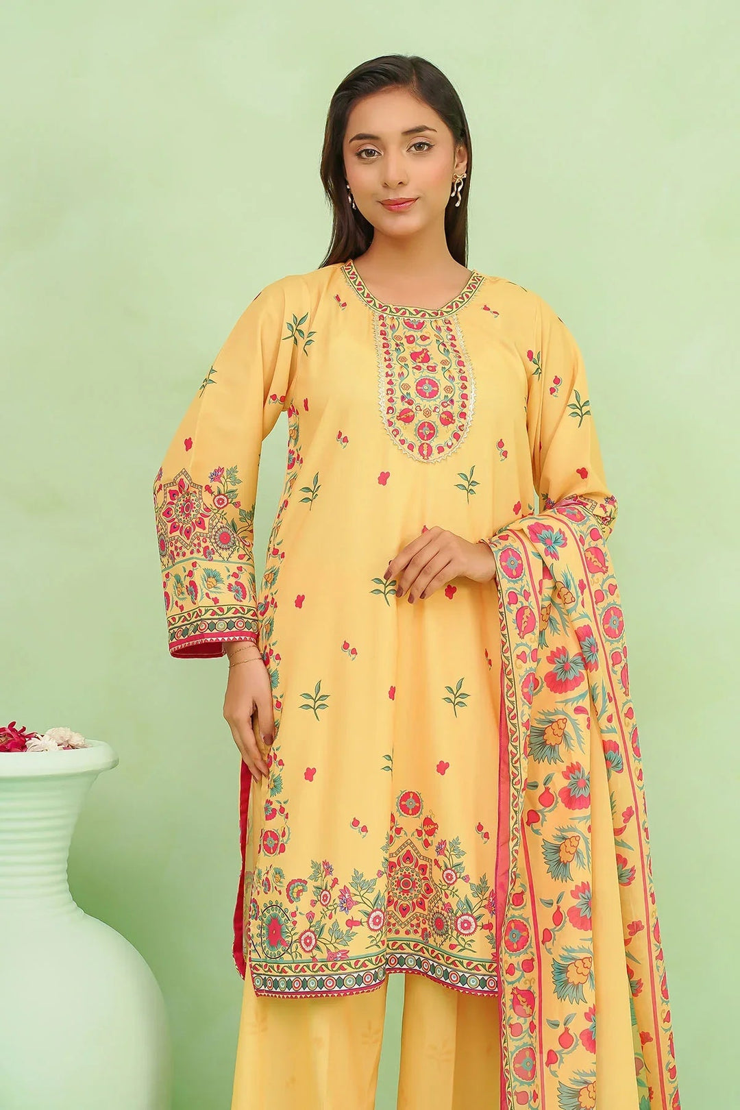 Ochre Women RTW Lawn 3 Piece Suit Mustard Yellow Poly Lawn Digital Printed 3 Pc Suit - Festive Collection
