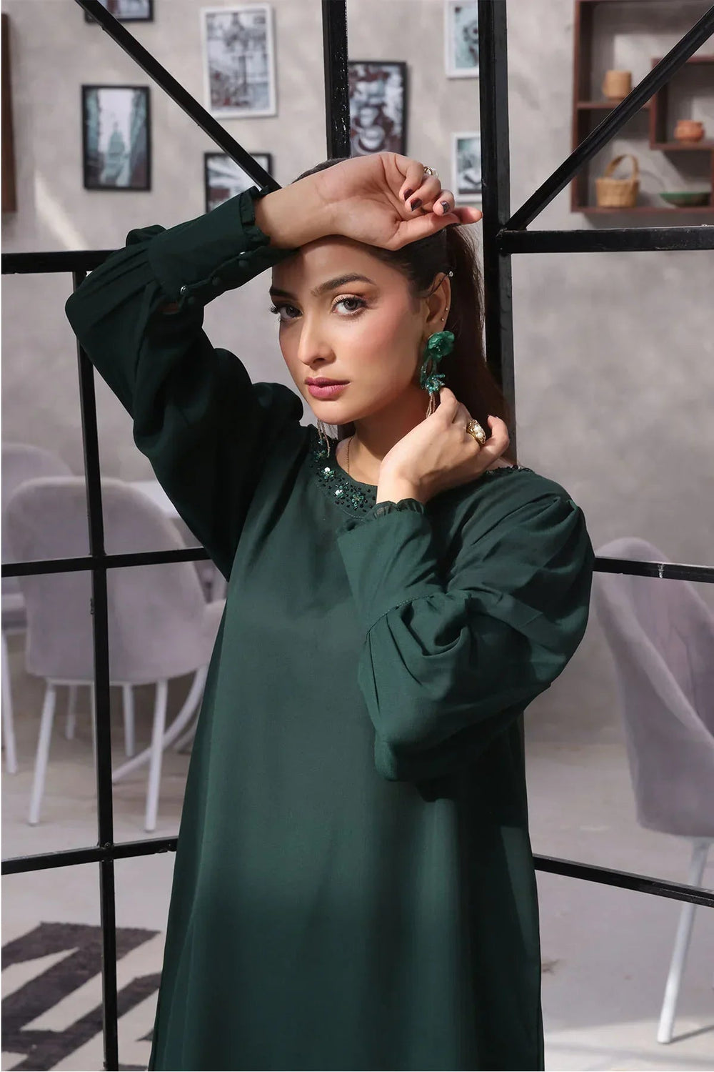 Ochre Women RTW Georgette 2 Piece Suit Emerald Green Georgette Hand Adda Work - Festive Collection