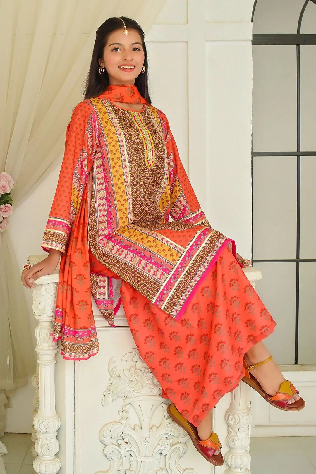Ochre Girls Pret Printed Swiss Lawn 3 Piece Suit CORF-14 - Summer Collection