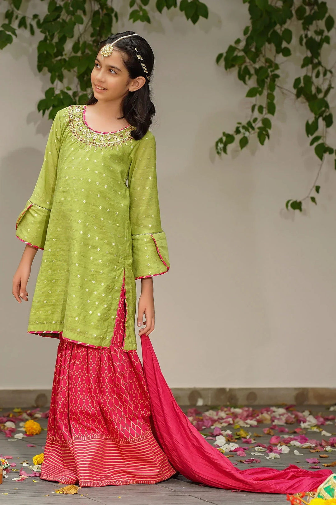 Ochre RTW Embroidered Girls 3 Piece Slub Manar Hand Adda Work MHD-07 - Summer Collection
