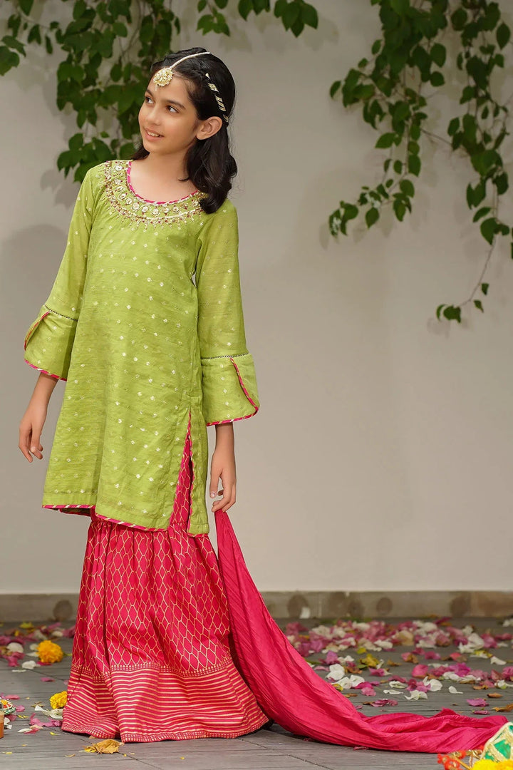 Ochre RTW Embroidered Girls 3 Piece Slub Manar Hand Adda Work MHD-07 - Summer Collection