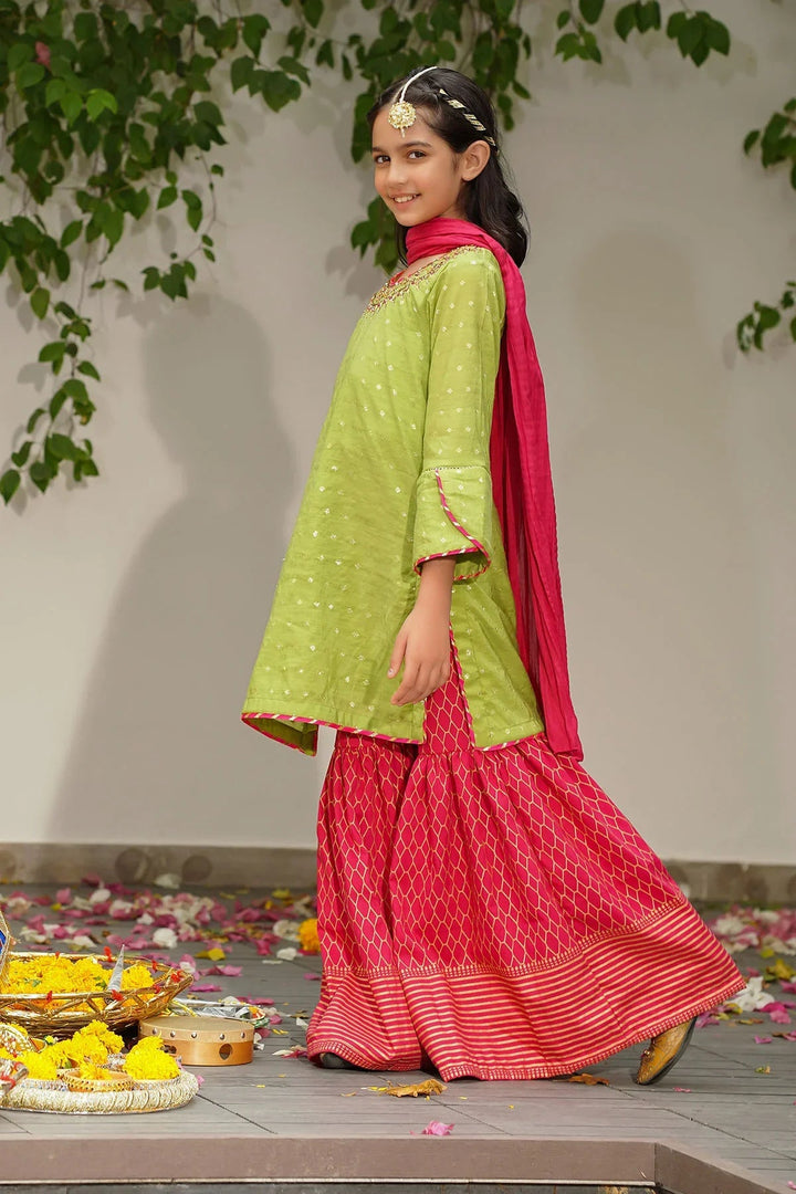 Ochre RTW Embroidered Girls 3 Piece Slub Manar Hand Adda Work MHD-07 - Summer Collection