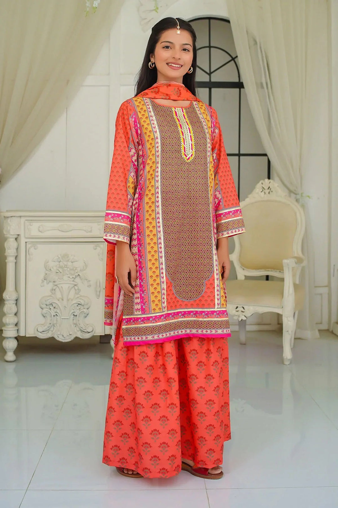 Ochre Girls Pret Printed Swiss Lawn 3 Piece Suit CORF-14 - Summer Collection