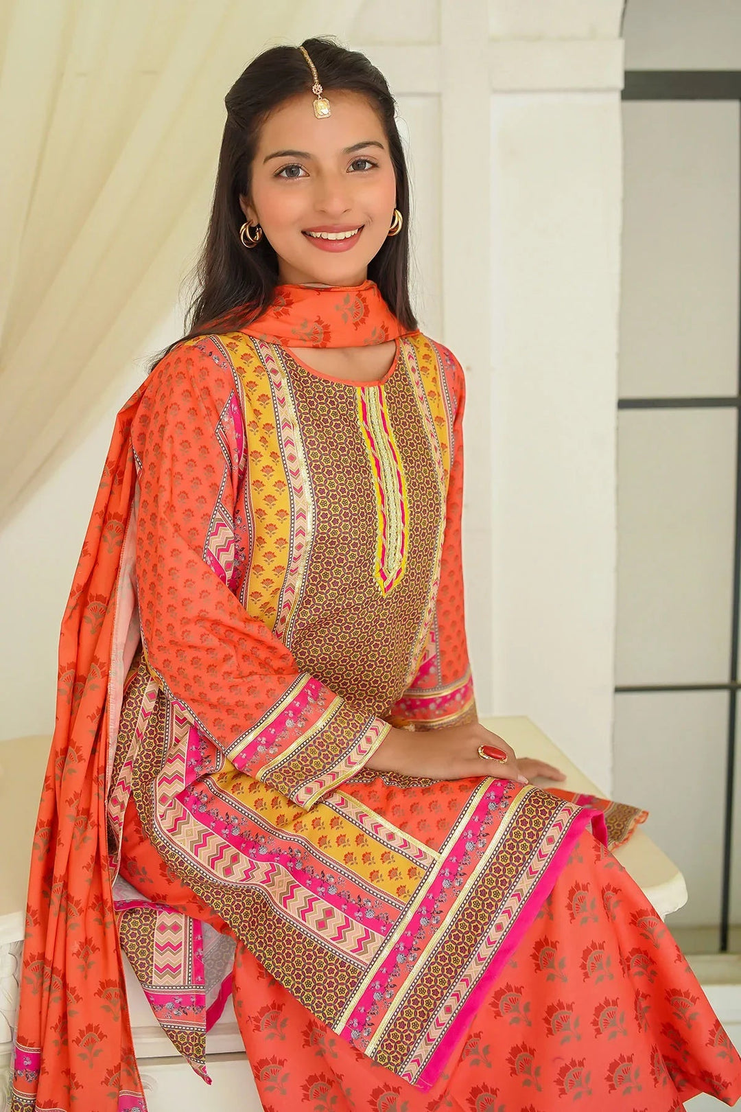 Ochre Girls Pret Printed Swiss Lawn 3 Piece Suit CORF-14 - Summer Collection