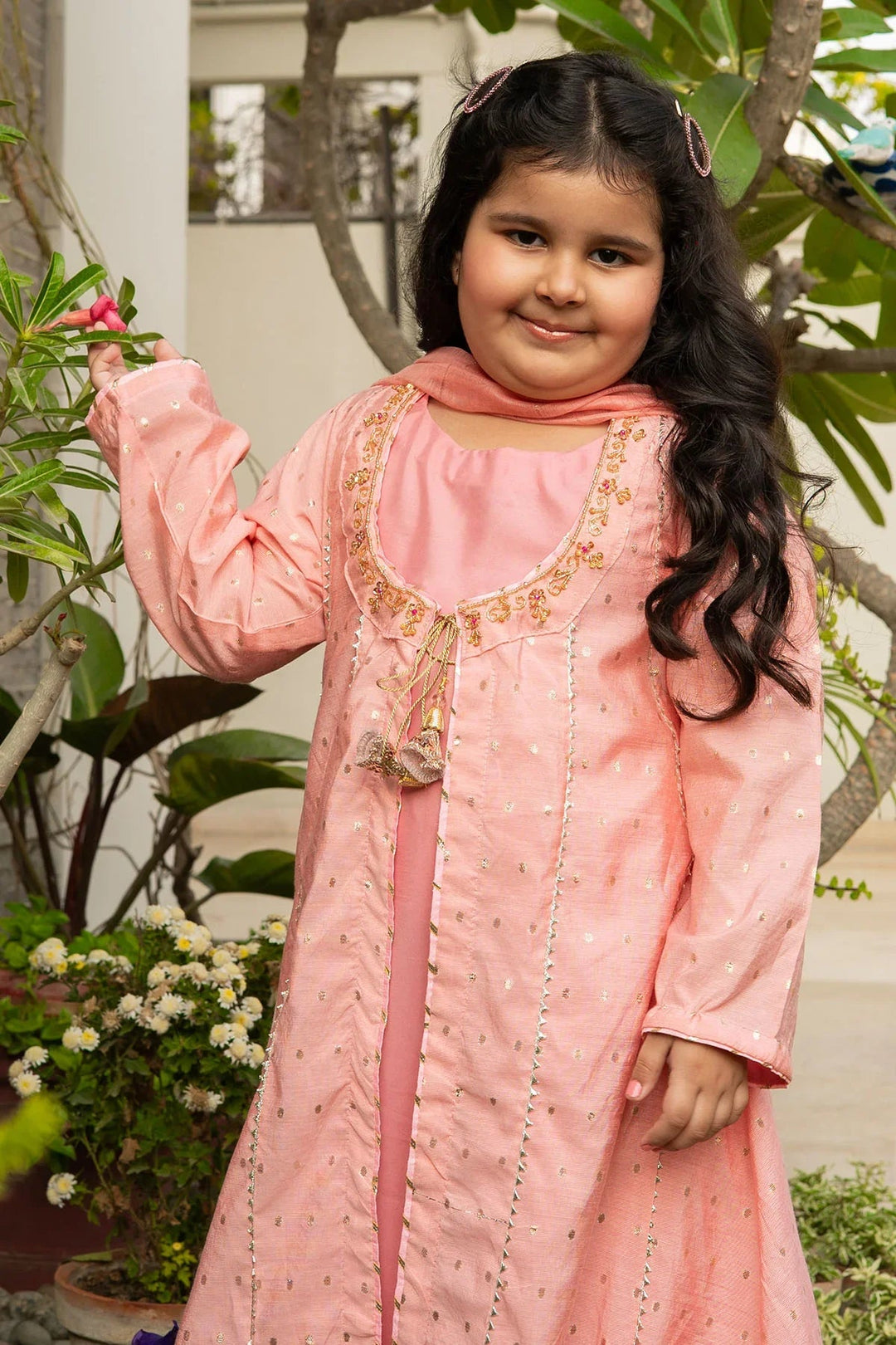 Ochre Girls RTW Jacquard 3 Piece Suit Peach Viscose Jacquard Maxi With Hand Adda Work Tassels Gota Laces and Malai Crepe Inner - Festive Collection
