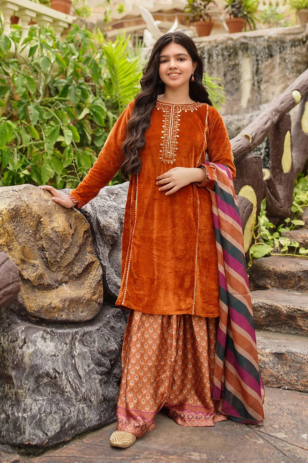Ochre RTW Embroidered Girls 3 Piece Velvet Hand Adda Work OVF-41 - Winter Collection