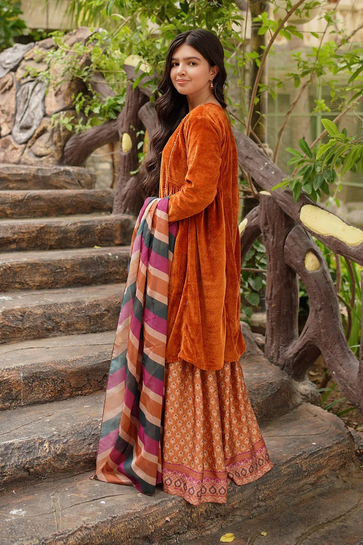 Ochre RTW Embroidered Girls 3 Piece Velvet Hand Adda Work OVF-41 - Winter Collection