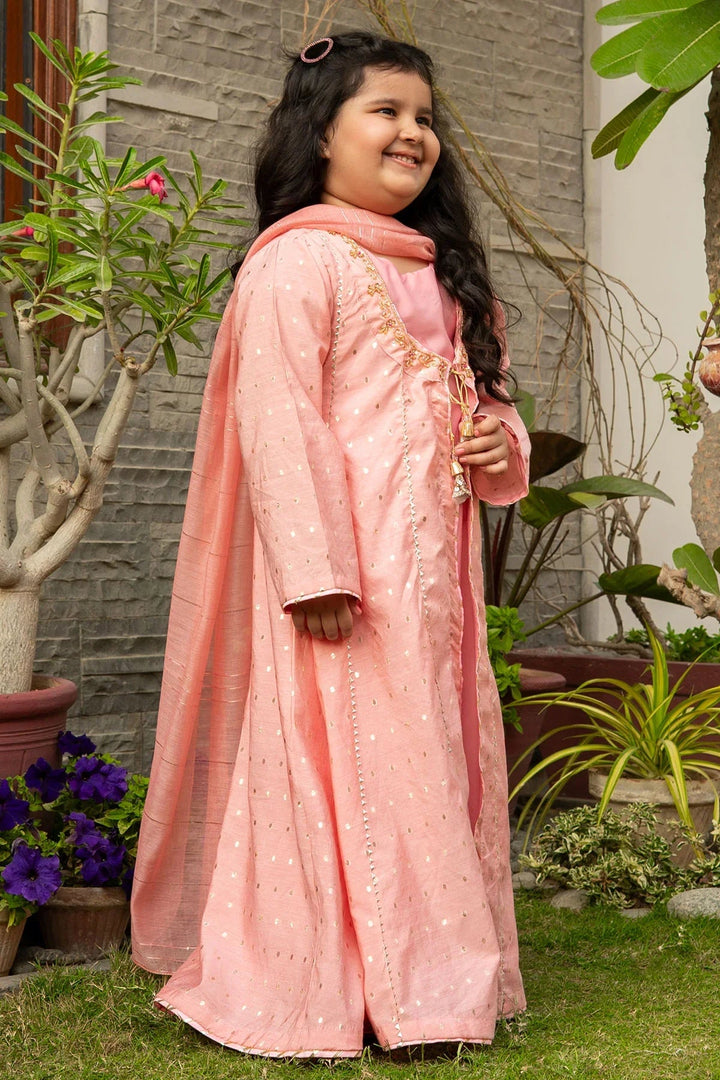 Ochre Girls RTW Jacquard 3 Piece Suit Peach Viscose Jacquard Maxi With Hand Adda Work Tassels Gota Laces and Malai Crepe Inner - Festive Collection