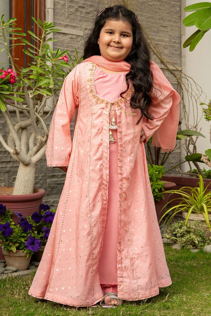 Ochre Girls RTW Jacquard 3 Piece Suit Peach Viscose Jacquard Maxi With Hand Adda Work Tassels Gota Laces and Malai Crepe Inner - Festive Collection