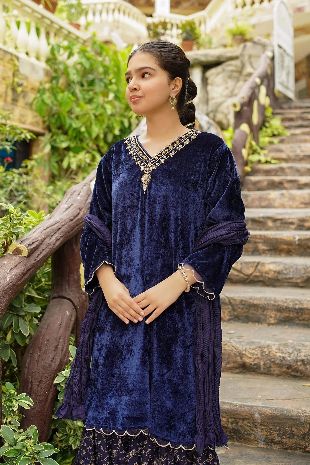 Ochre RTW Embroidered Girls 3 Piece Velvet Hand Adda Work OVF-40 - Winter Collection