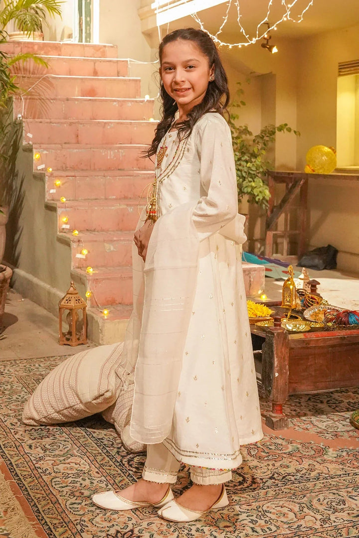 Ochre Girls RTW Jacquard 3 Piece Suit Ivory White Viscose Jacquard Maxi With Hand Adda Work Tassels Gota Laces With Malai Crepe Lining - Festive Collection