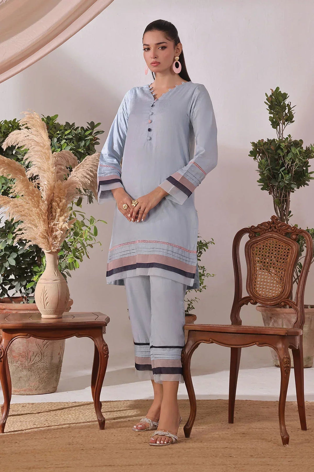 Ochre Women RTW Jacquard 2 Piece Suit Blue Cotton Jacquard - Festive Collection